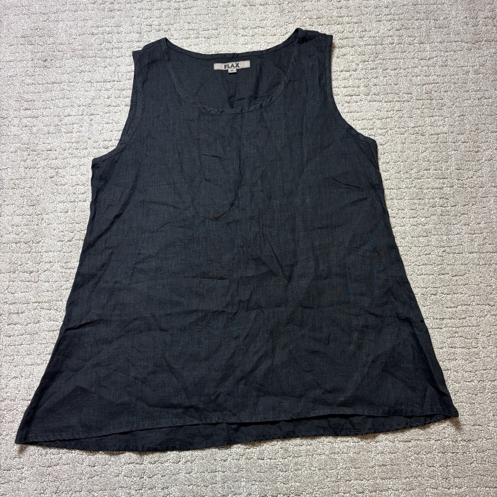 FLAX 100% Linen  Tank Top Black  Scoop Neck Womens M Lagenlook Minimalist